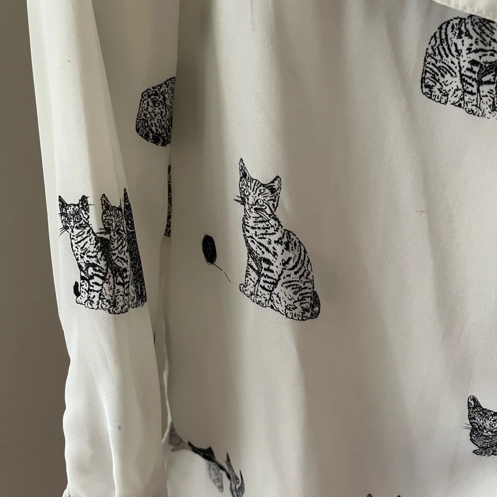 Zara White Blouse with Black Cat Print size XS